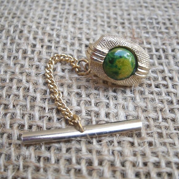 Vintage Swank Tie Tack & Cufflink Set Green & Gold - Picture 8 of 16